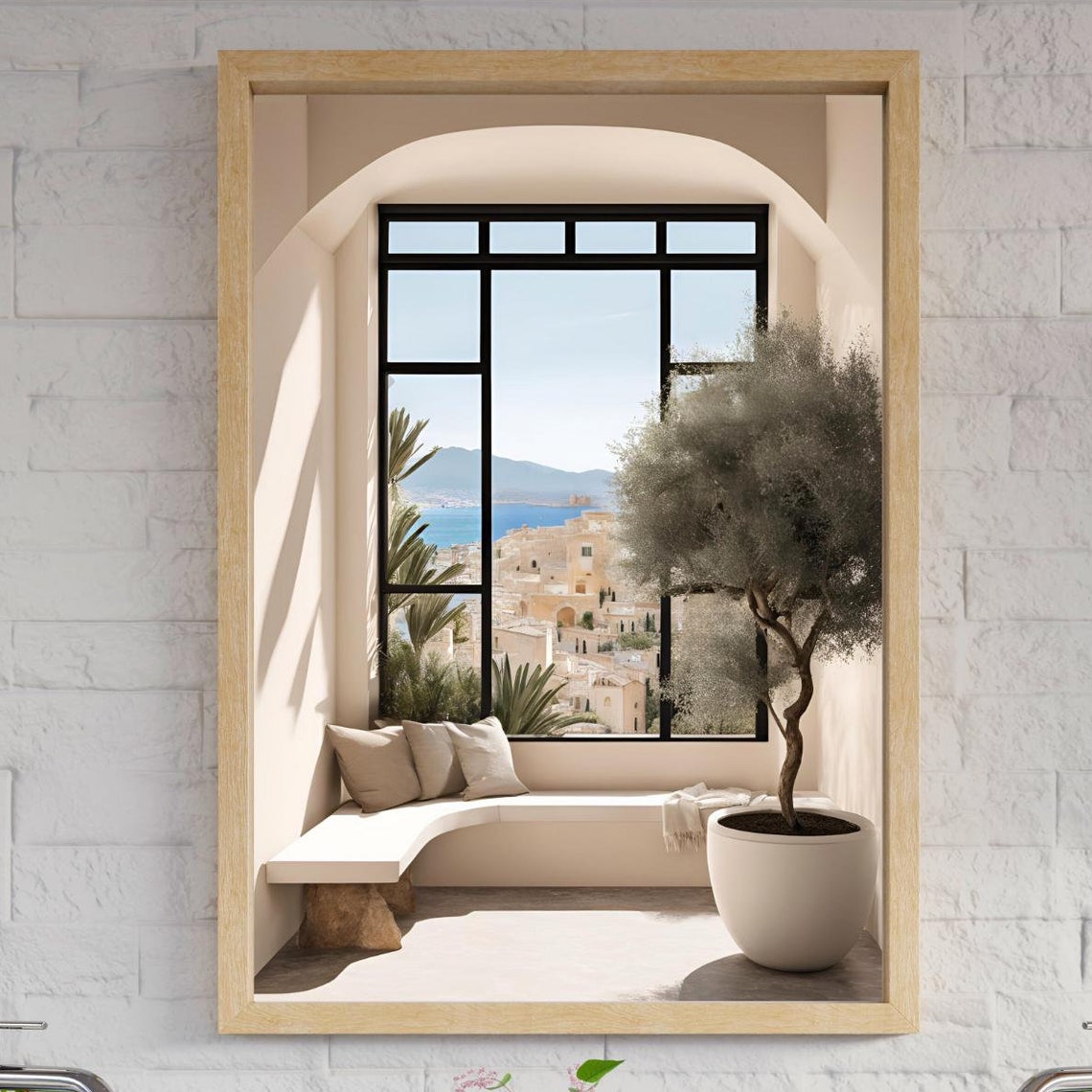 Greek Island Window Overlooking Mediterranean Coastal Town Poster