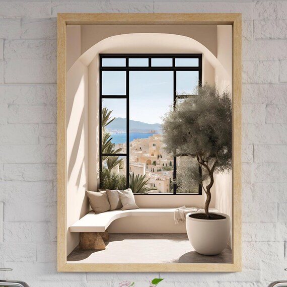 Greek Island Window Painting Print To Greece Mediterranean Olive Tree Artwork Gift Abstract Matisse Style