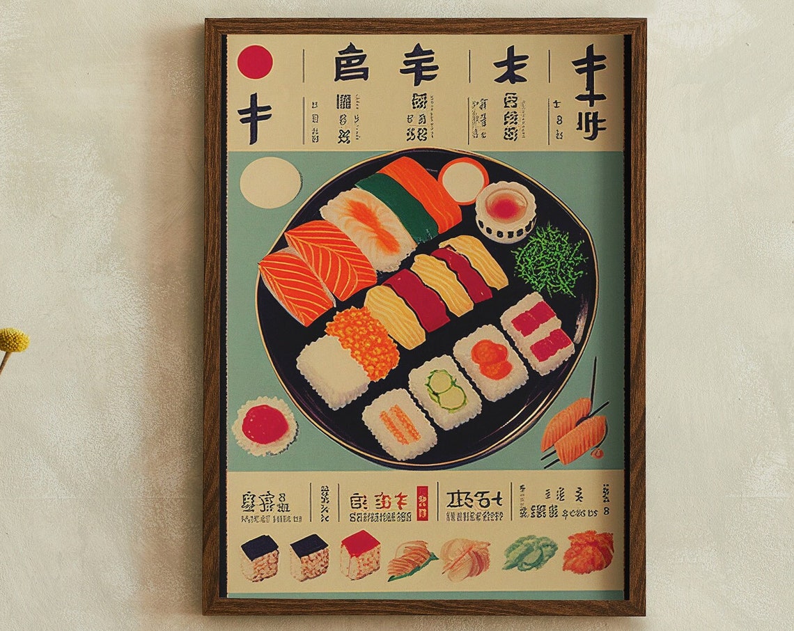Japanese Kanji Sushi Seafood Poster Salmon Sushi Lovers Wall Art Print Asian Food Sushi Nigiri Art Print Vintage Oriental Kitchen Art