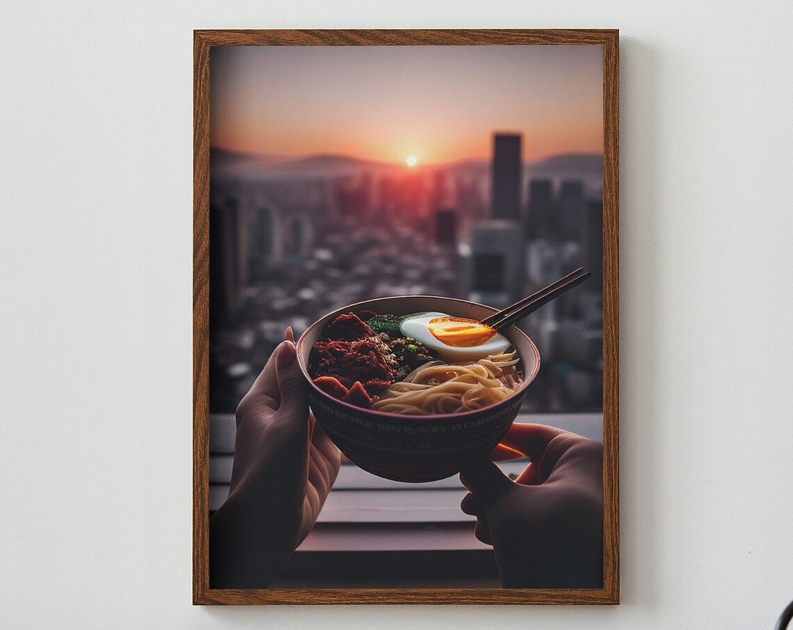 Korean Noodle Bowl Held Over Seoul City Sunset Skyline Art Poster