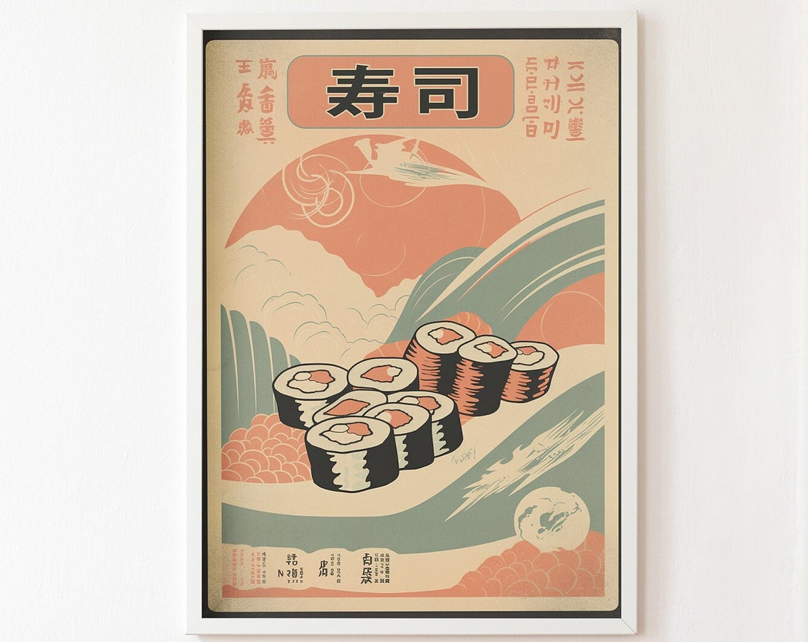 Retro Japanese Sushi Rolls Poster With Waves in Vintage Style Artwork