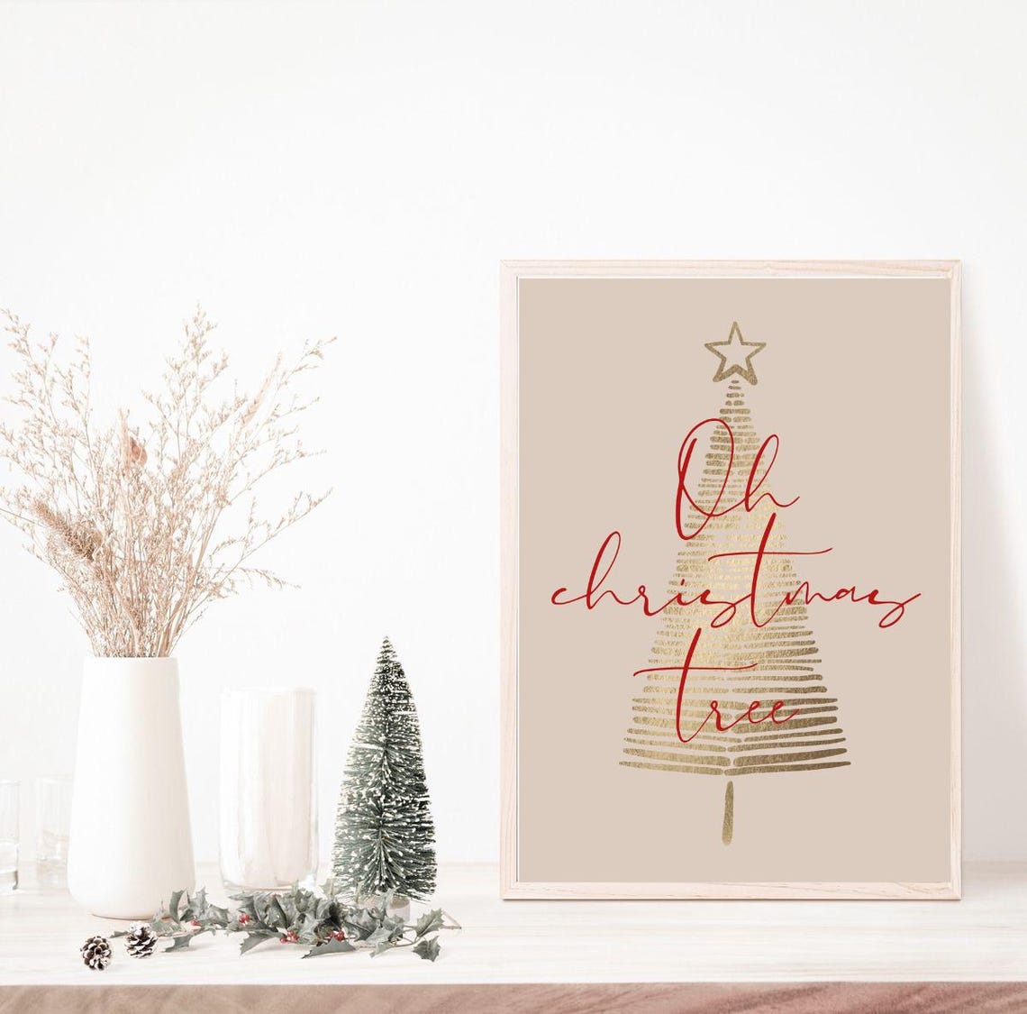 Oh Christmas Tree Gold Brushstroke Tree Beige Minimal Poster - Image 2