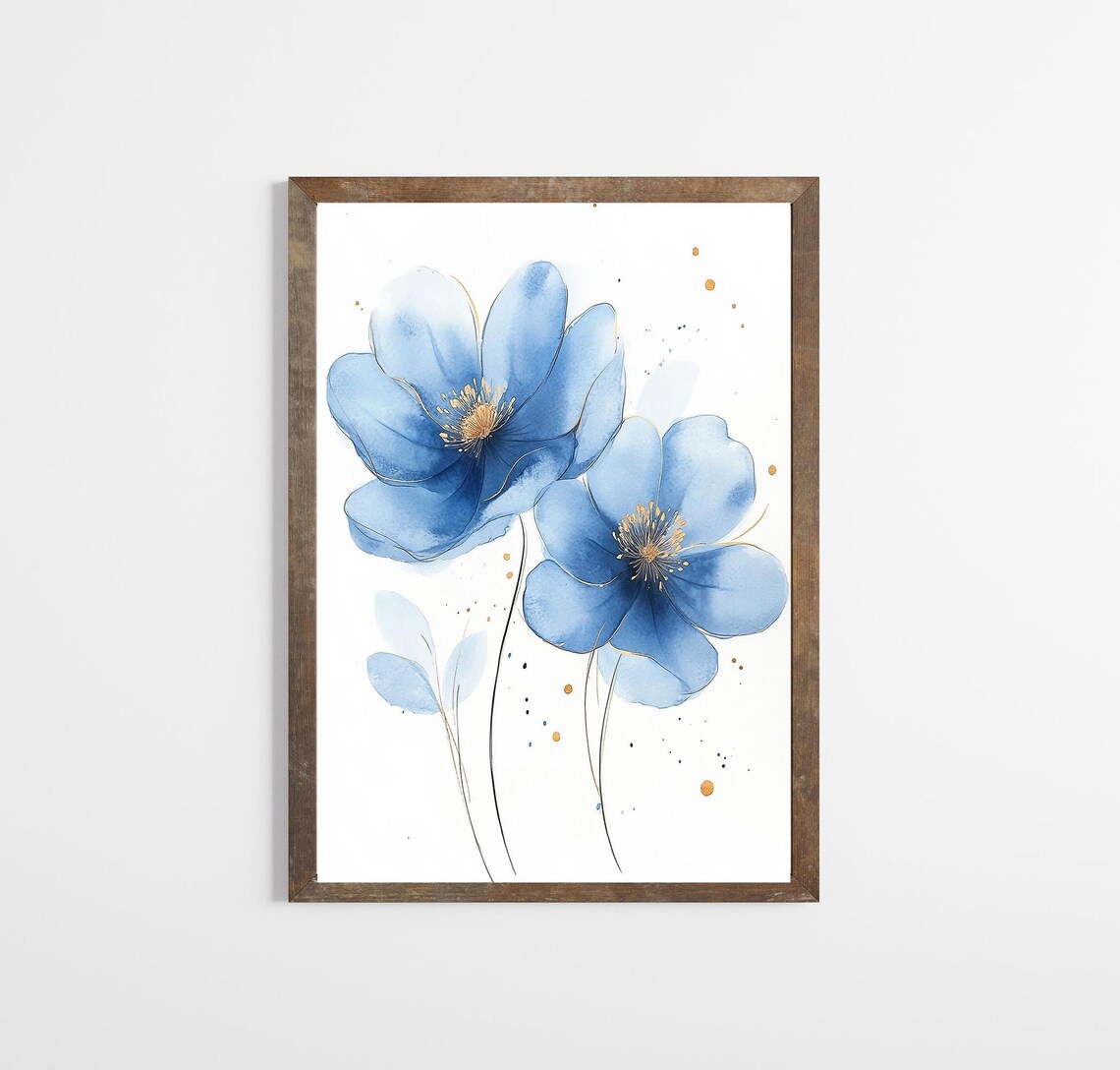 Blue Watercolor Flower Blossoms Botanical Print with Gold Accent Detail