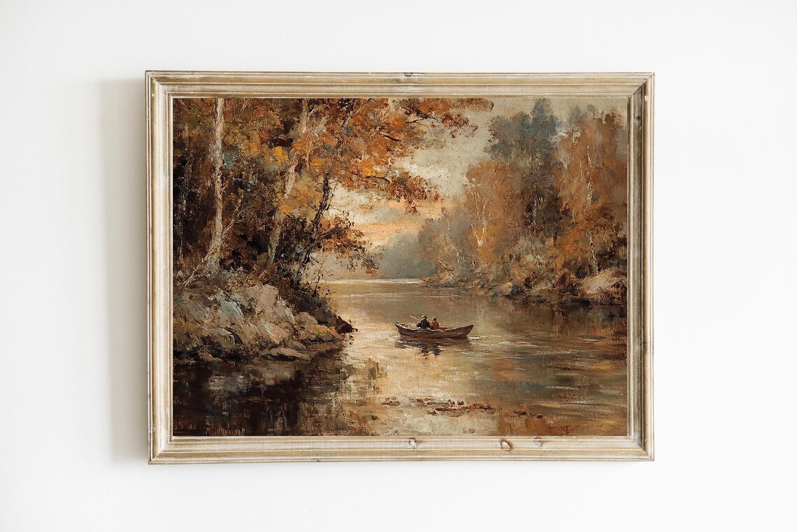 Moody Autumn River Canoe Fall Forest Landscape Oil Painting Poster