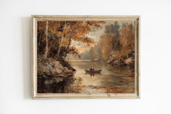 Moody Autumn Landscape Fall Wall Decor Dark River Rustic Farmhouse Oil E500