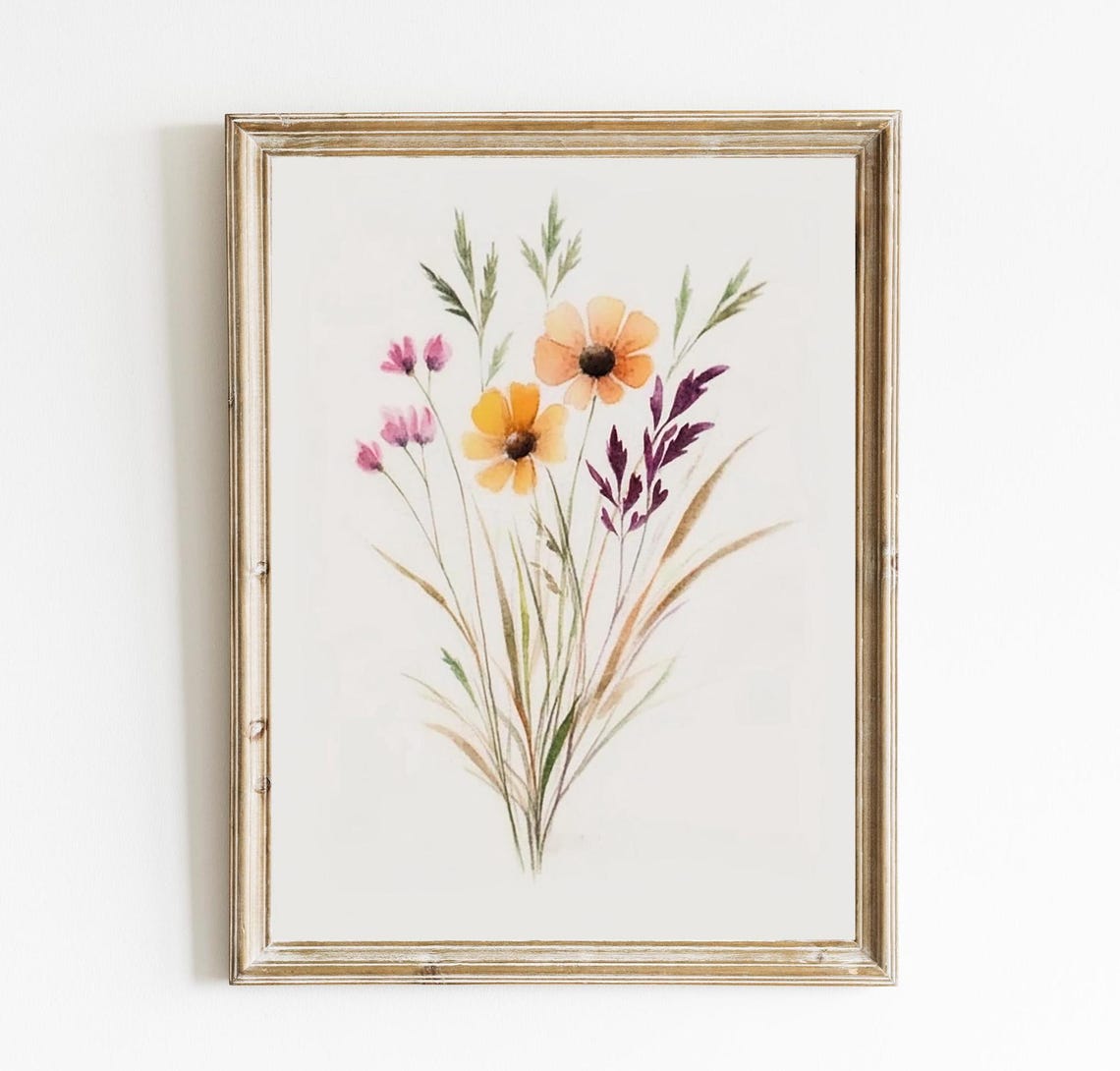 Delicate Wildflower Bouquet Pink Yellow Blossoms Watercolor Print