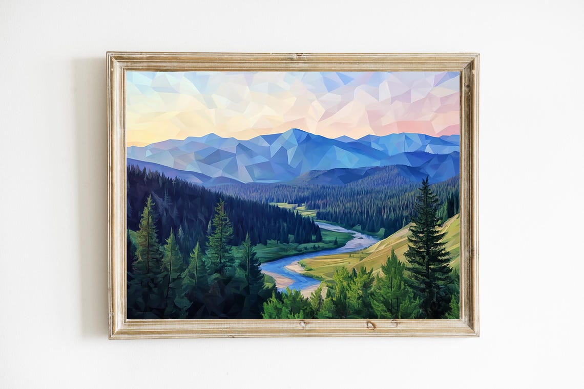 Low Poly Geometric Mountain River Forest Valley Modern Wall Art