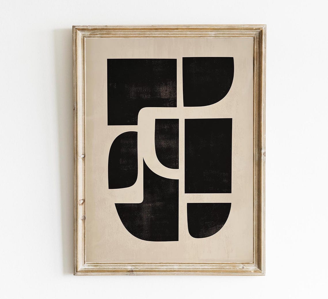 Black Beige Bold Geometric Blocks Mid Century Modern Art Print