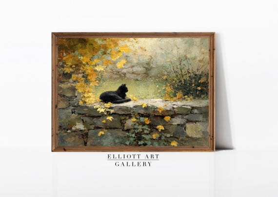 Autumn Black Cat Moody Fall Print Dark Decor Landscape Rustic Wall Farmhouse Oil E1089