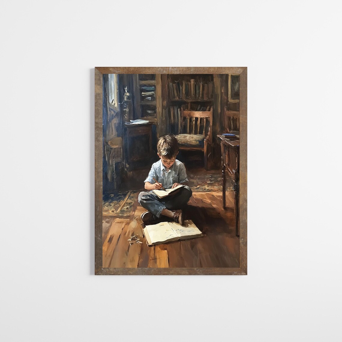 Vintage Oil Painting of a Young Boy Reading in a Classic Library Poster