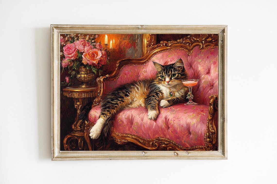 Fancy Tabby Cat on Pink Velvet Chaise Vintage Oil Painting Poster