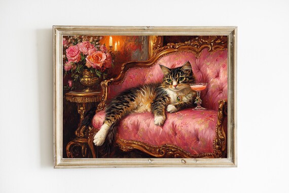 Fancy Cat On A Pink Chaise Whimsical Art Funny Decor Modern Painting Fine Lover Gift E849