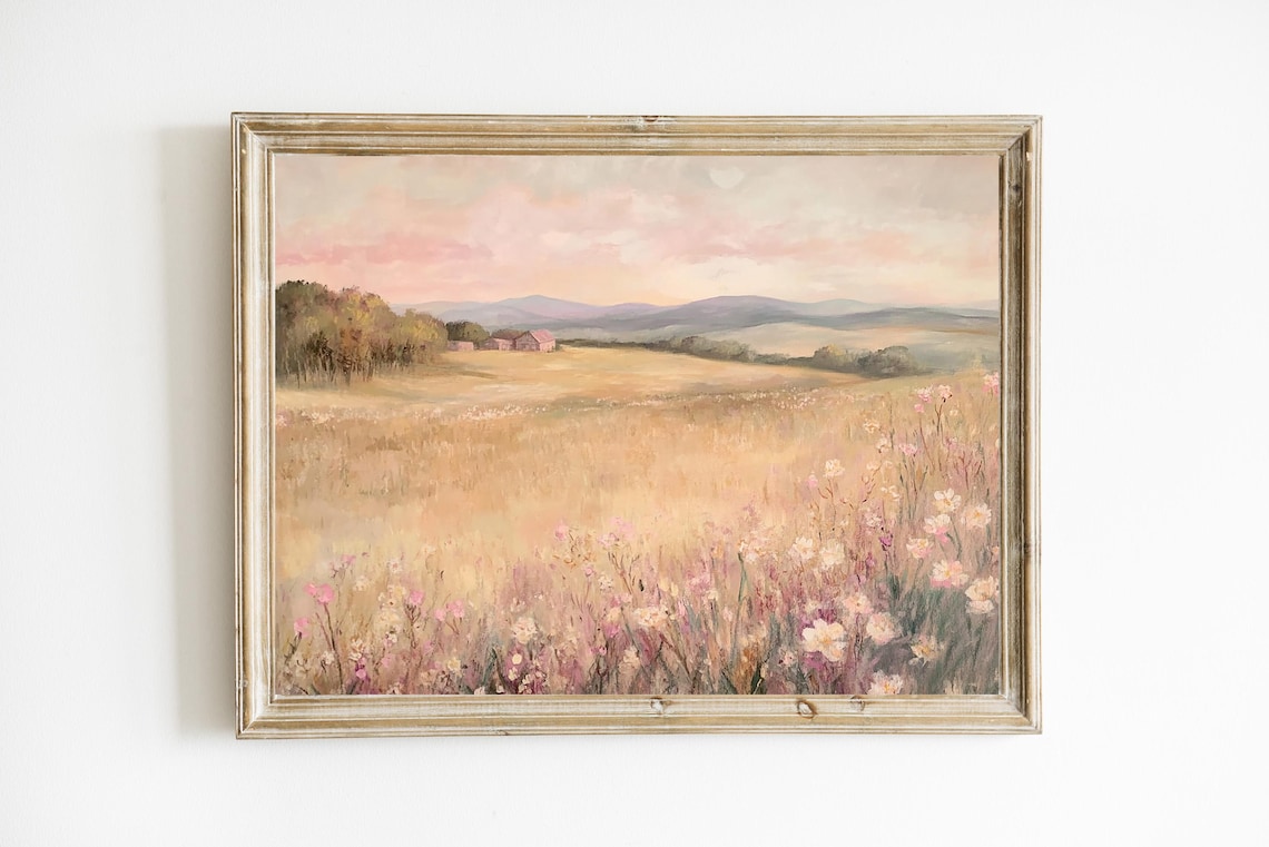 Sunset Wildflower Meadow Golden Pastel Farmhouse Painting Print