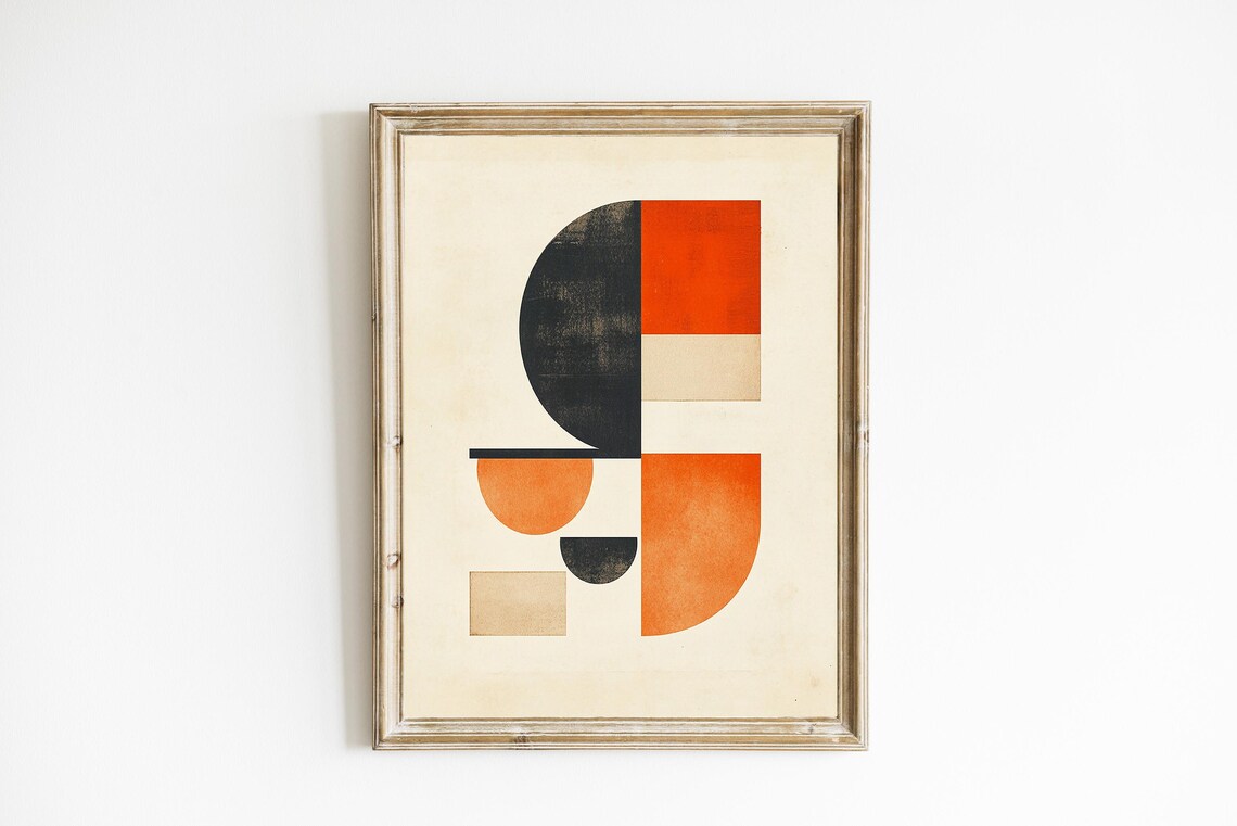 Orange Black Mid Century Small Geometric Cluster Shapes Art Print