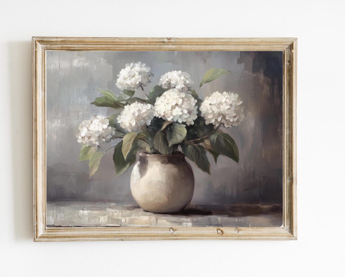 White Hydrangeas Still Life in Ceramic Vase Rustic Floral Wall Art