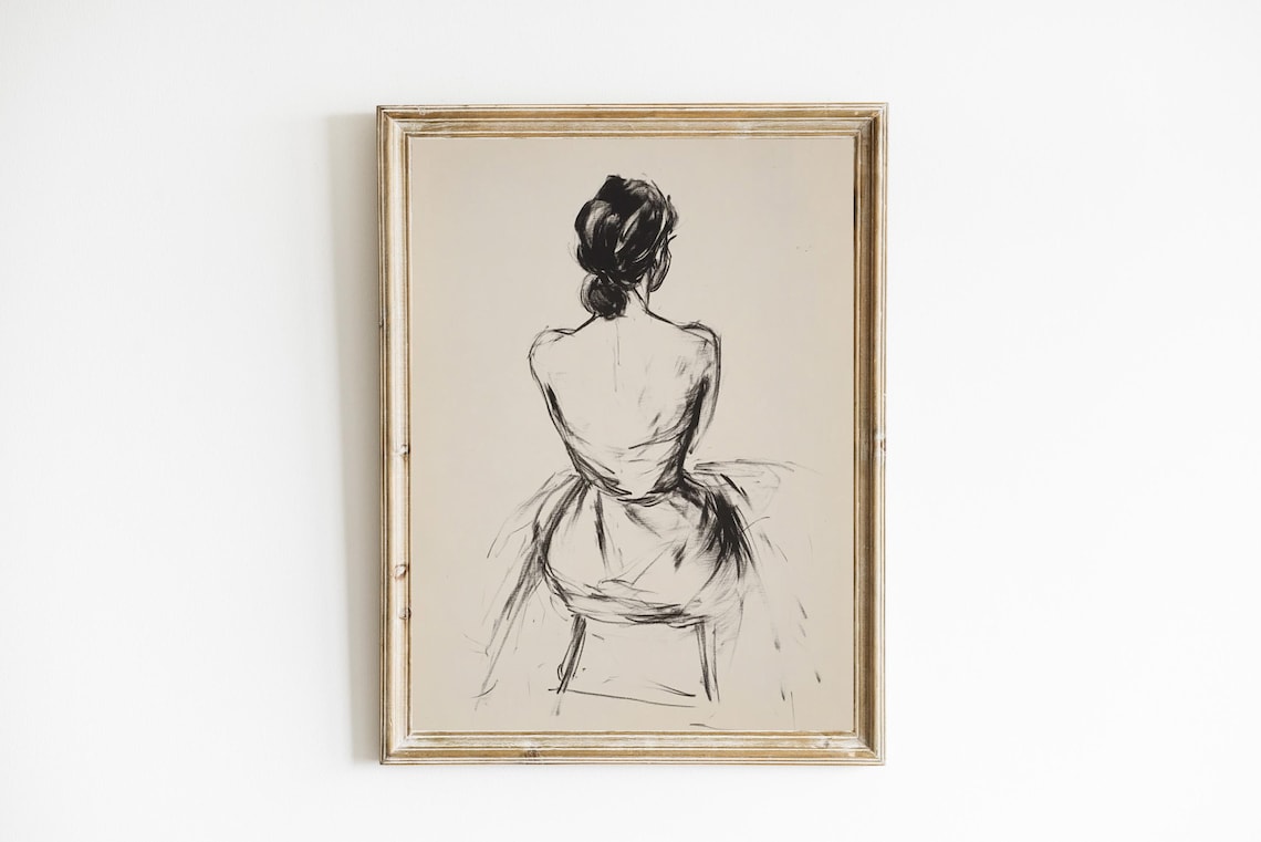 Charcoal Sketch Woman Line Drawing, Neutral Farmhouse Art