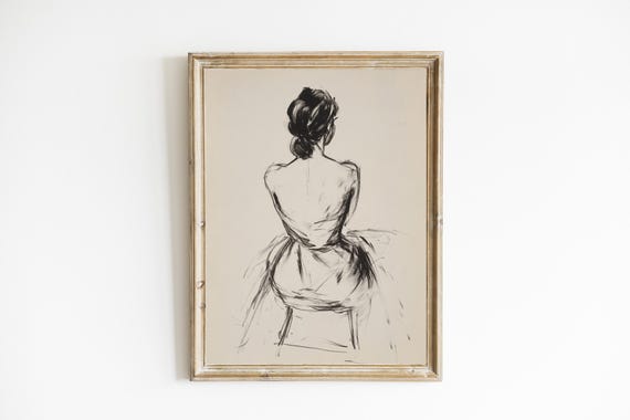 Charcoal Sketch Woman Line Drawing, Neutral Farmhouse Art