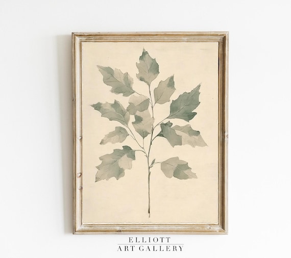Vintage Oak Leaf Botanical Watercolor Sage Green Foliage Study Poster