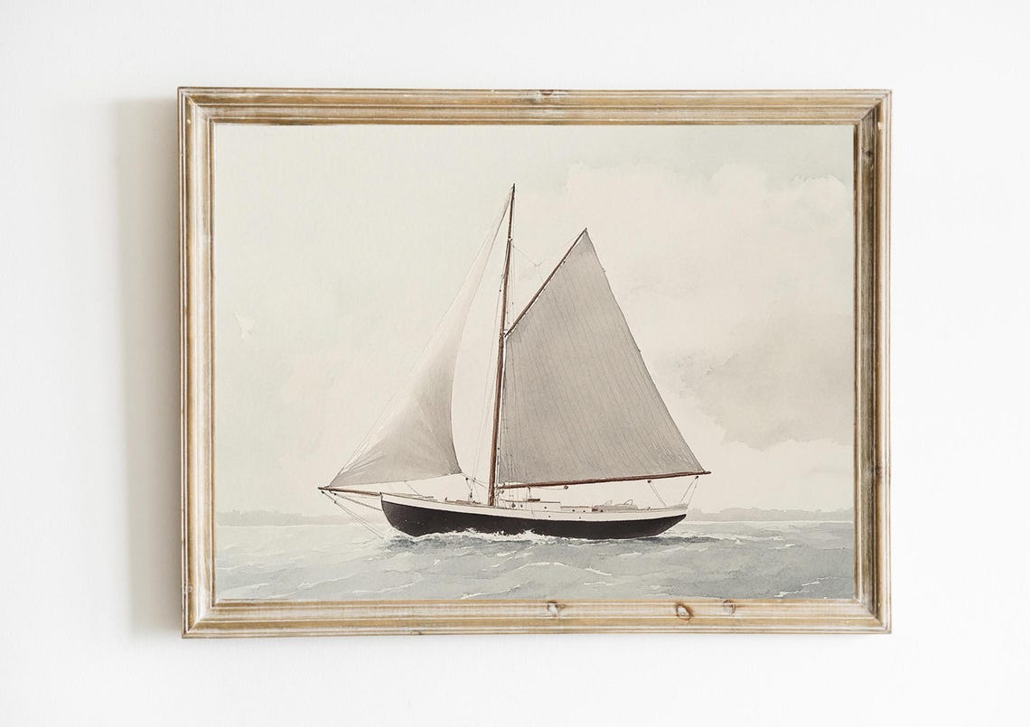 Antique Sailboat Watercolor Neutral Coastal Sailing Ship Wall Art