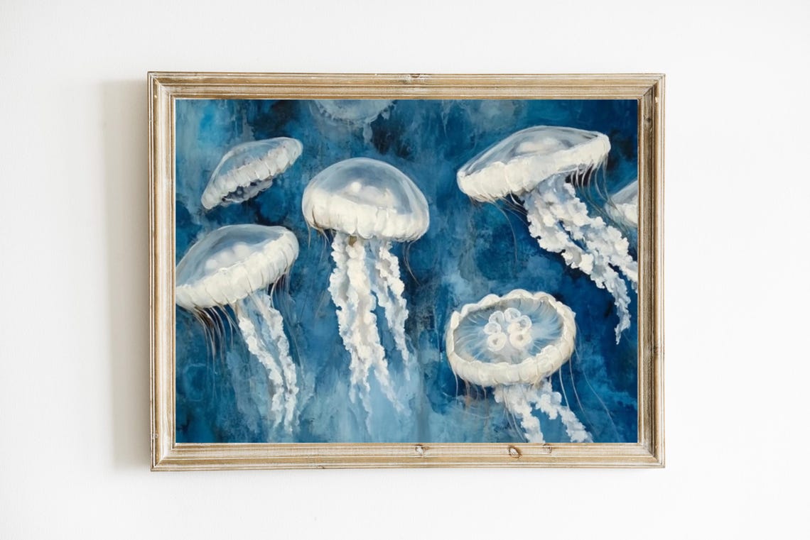 Glowing White Jellyfish Deep Blue Ocean Watercolor Art Poster