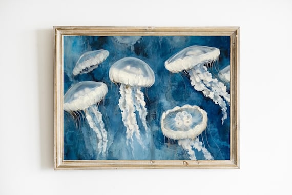 Blue Jellyfish Print Coastal Art Beach Wall Modern Farmhouse Abstract Ocean E216