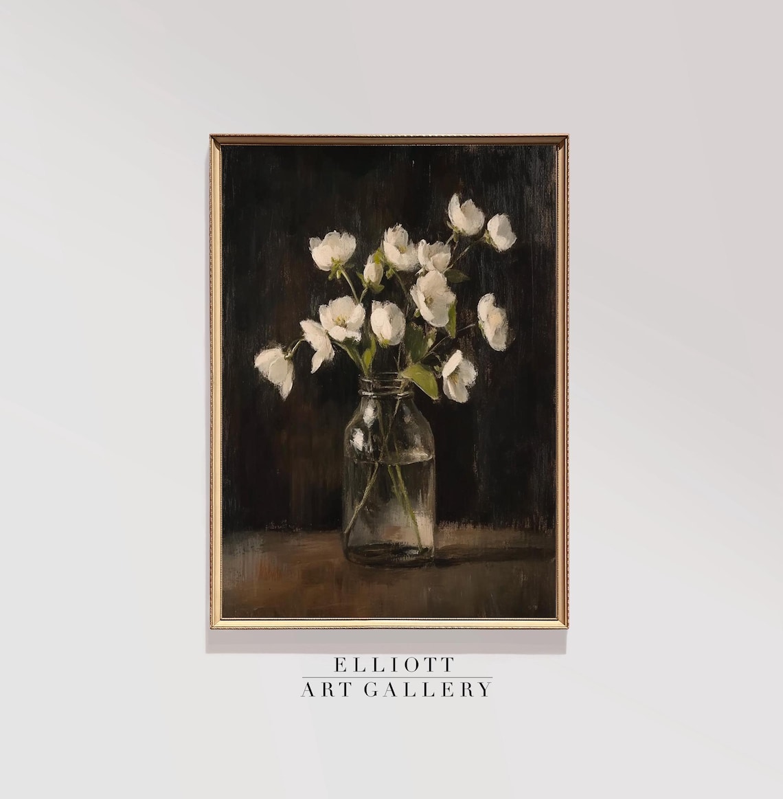 White Wildflowers in Glass Jar Dark Moody Botanical Art Poster