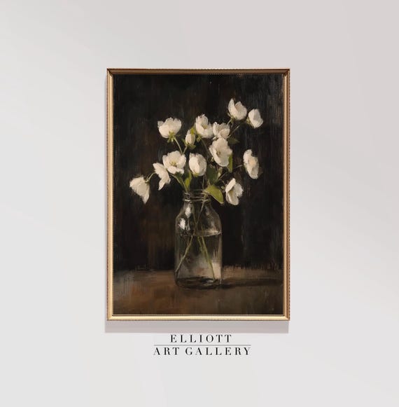 Moody Botanical Painting White Floral Still Life Dark Decor Vintage E125