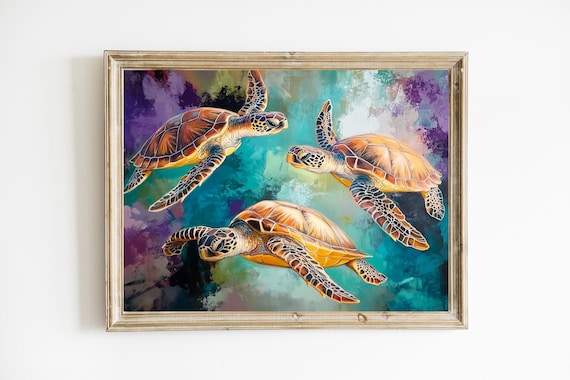 Three Sea Turtles Swimming Colorful Abstract Ocean Reef Print