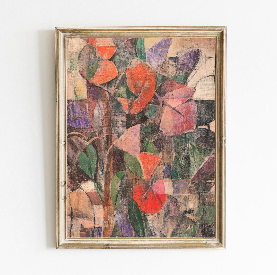 Antique Botanical Abstract Floral Painting in Orange and Purple Print