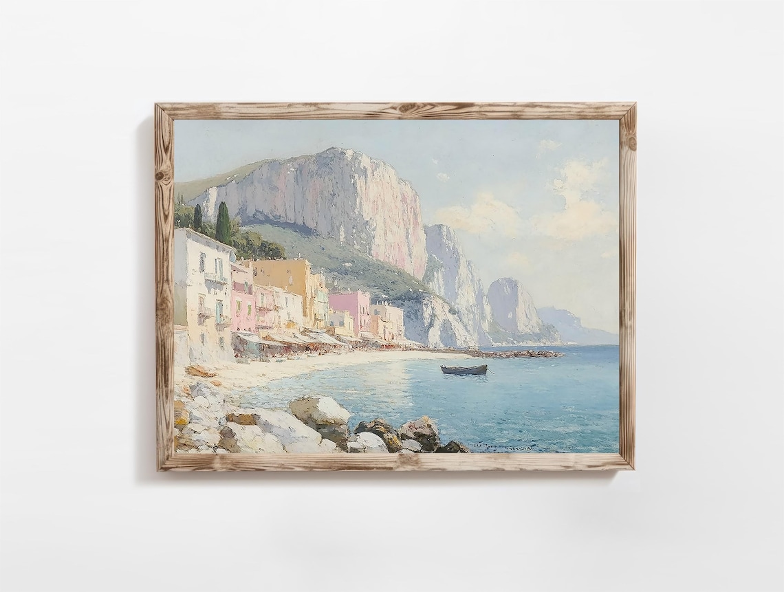 Capri Italy Pastel Coastal Town Cliffs Mediterranean Painting Poster
