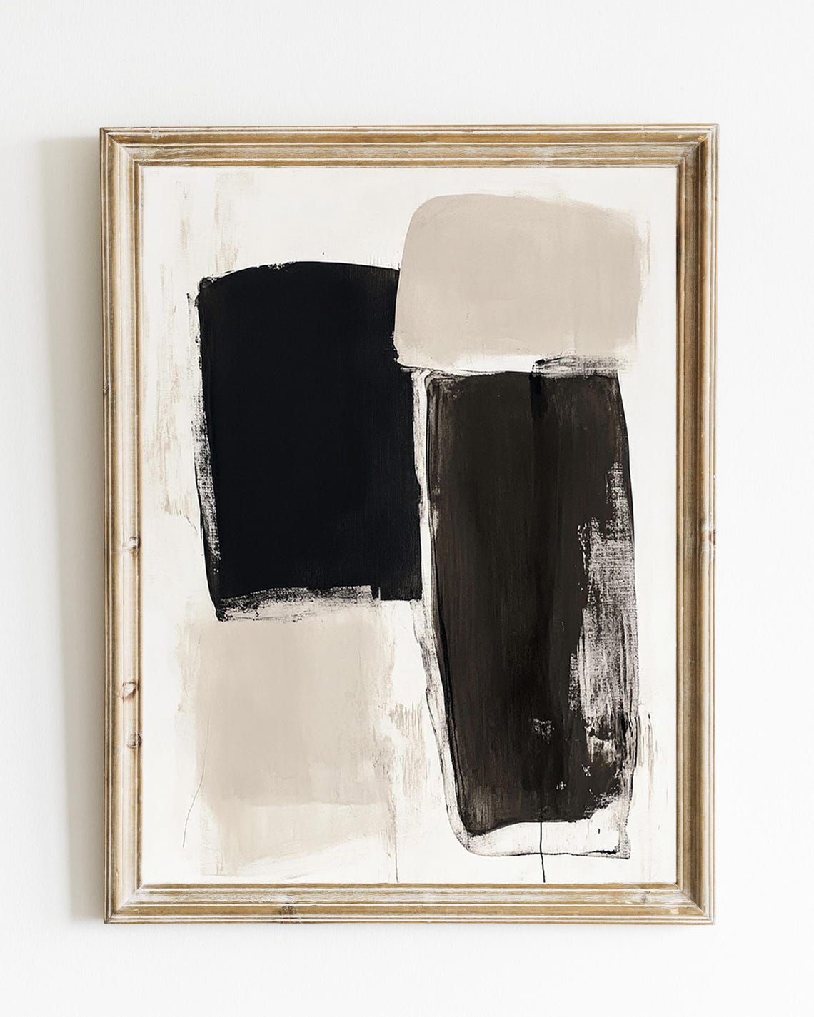 Abstract Beige Black Blocks Art Print with Modern Minimalist Shapes