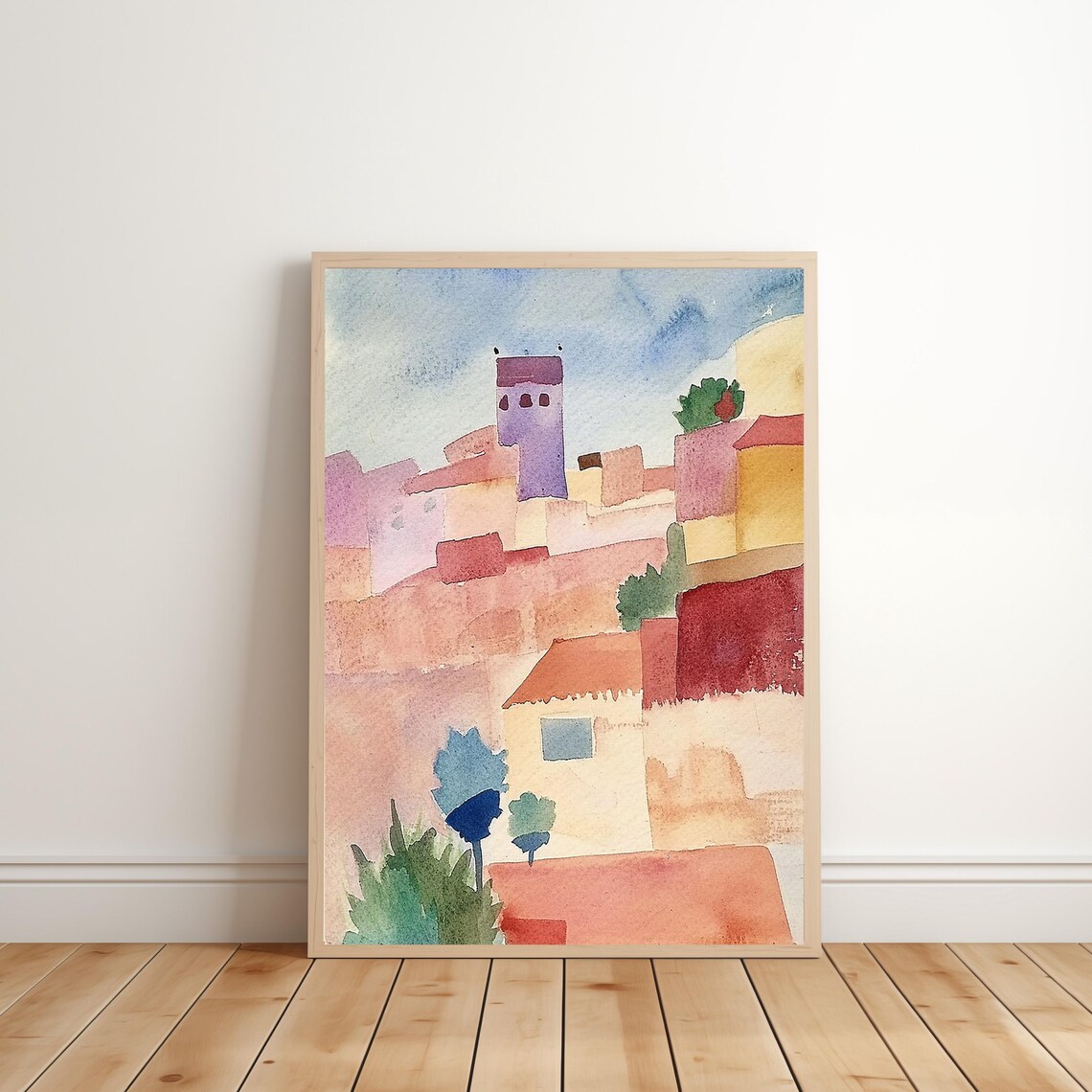 Pastel Watercolor Hillside Village Abstract Boho Folk Art Print