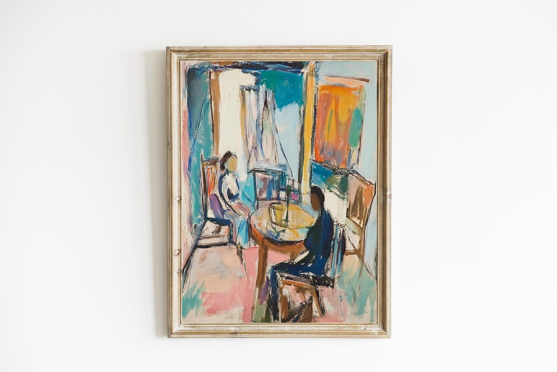 Abstract Colorful Interior Scene With Figures Expressionist Poster