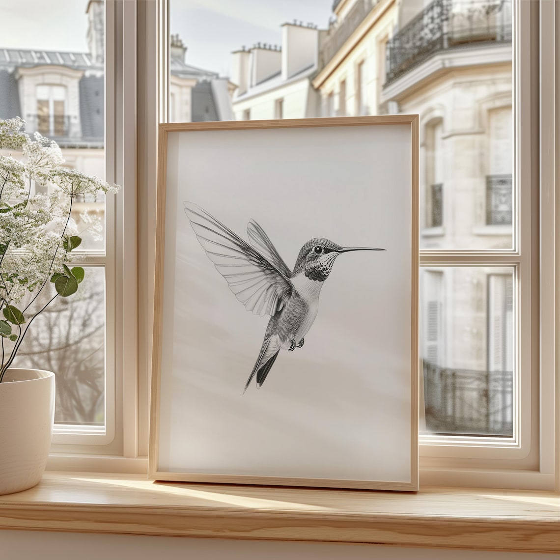 Single Hummingbird Hovering Black and White Detailed Sketch Poster
