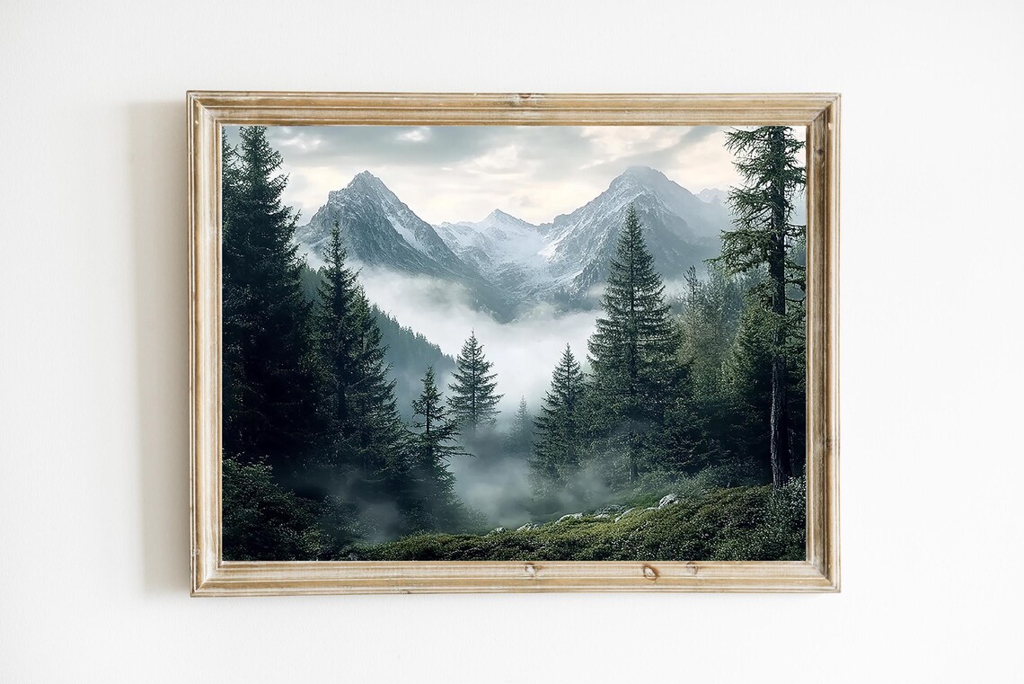 Misty Mountain Peaks Pine Forest Foggy Landscape Photo Art Poster