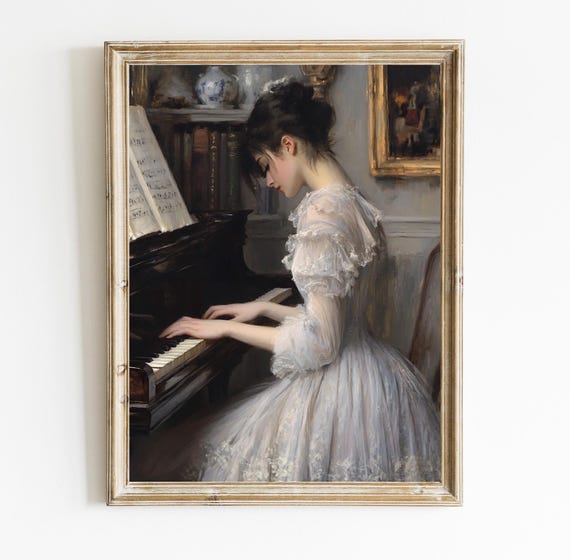 Woman Playing Piano Vintage Painting Eclectic Wall Art Moody Decor Victorian Portrait Print E234