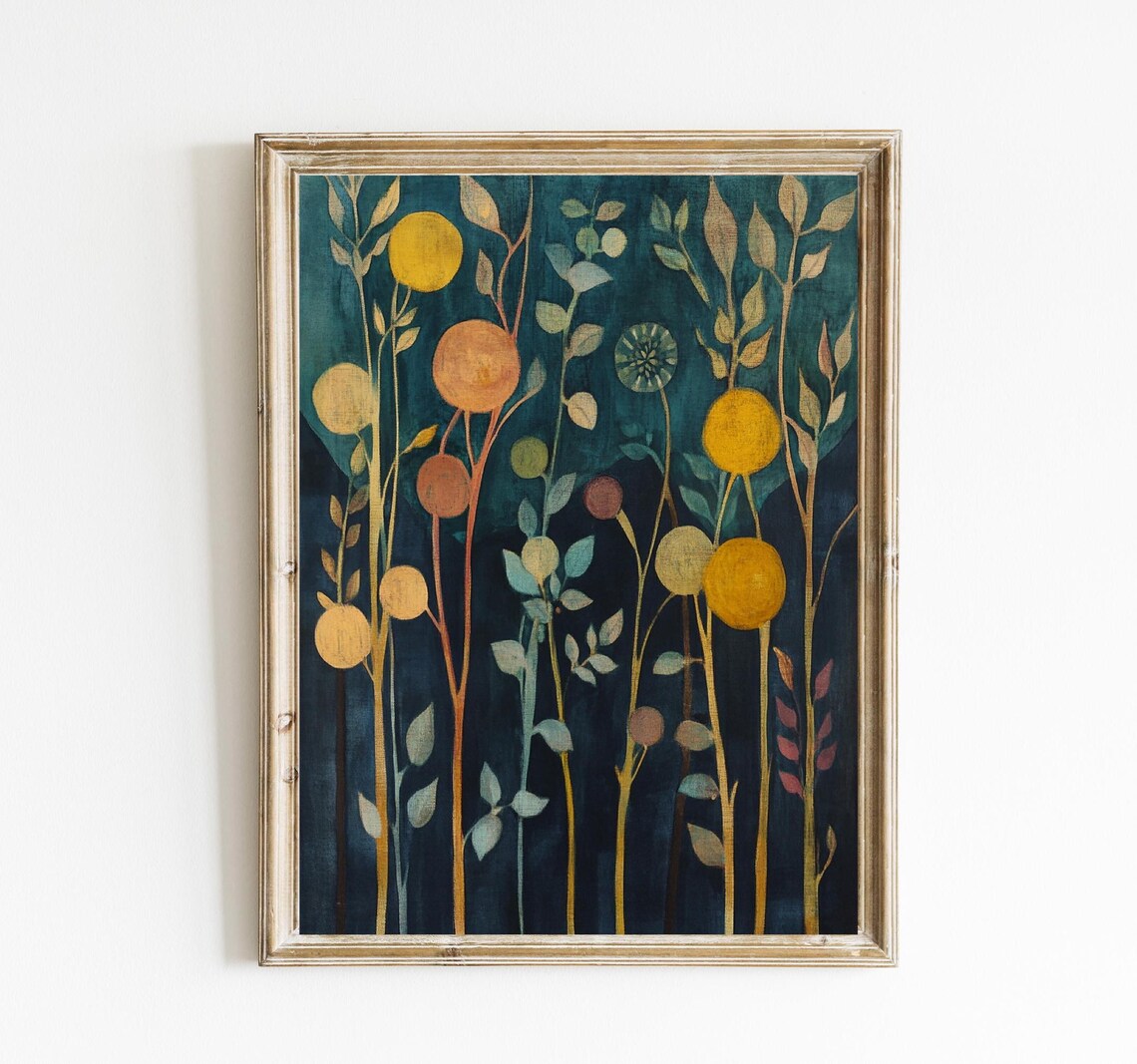 Vintage Botanical Folk Art Golden Blooms Dark Teal Abstract Wall Art