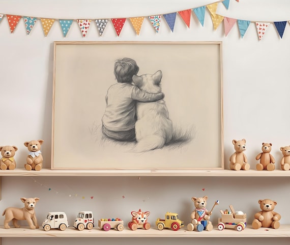 Boy Welsh Corgi Wall Art Nursery Room Decor Dog Baby Retro Print Puppy Sketch Vintage 647