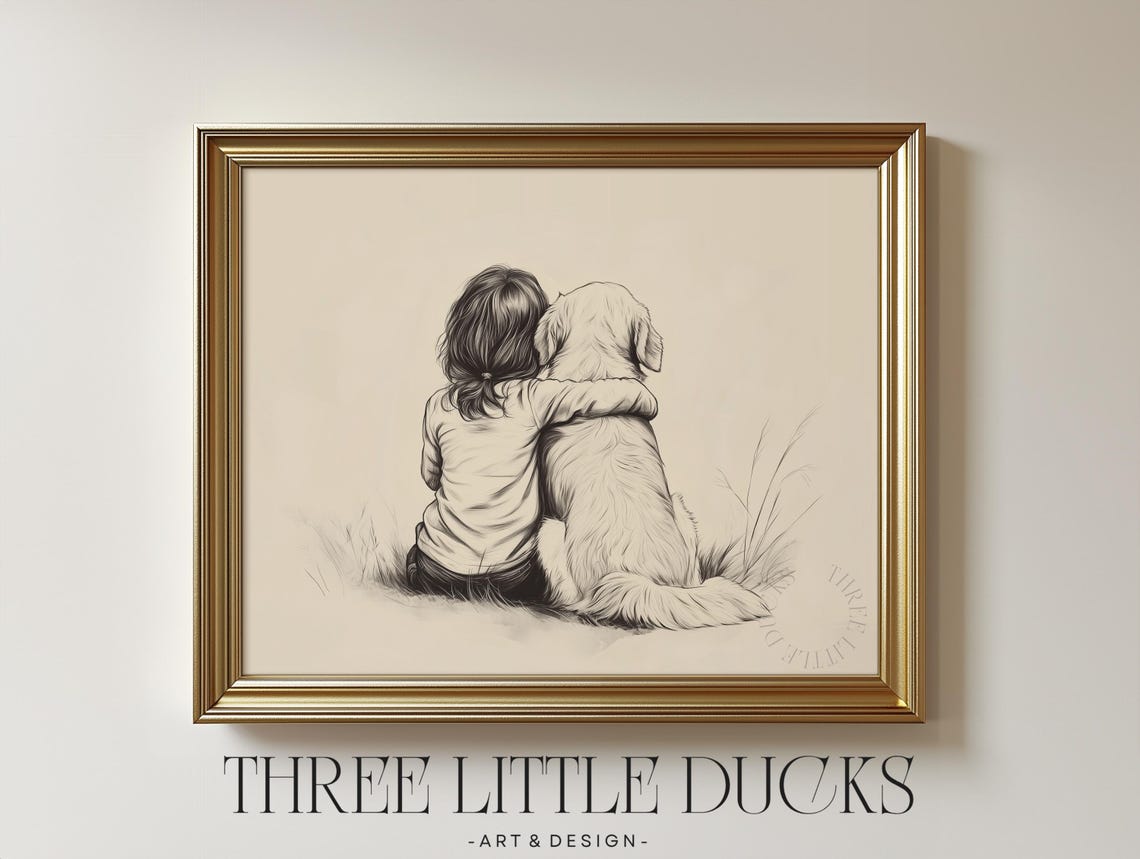 Little Girl And Golden Retriever Art Puppy Print Dog Sketch Kids Room Decor Retro Drawing Nursery Vintage Poster Girls 446
