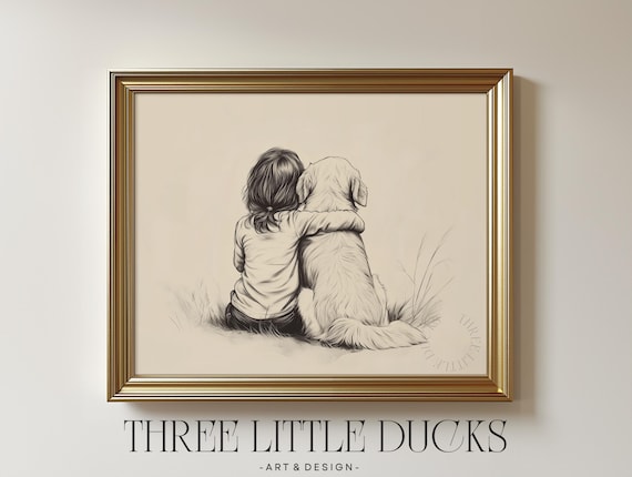 Girl With Ponytail Hugging Golden Retriever Vintage Sketch Nursery Poster