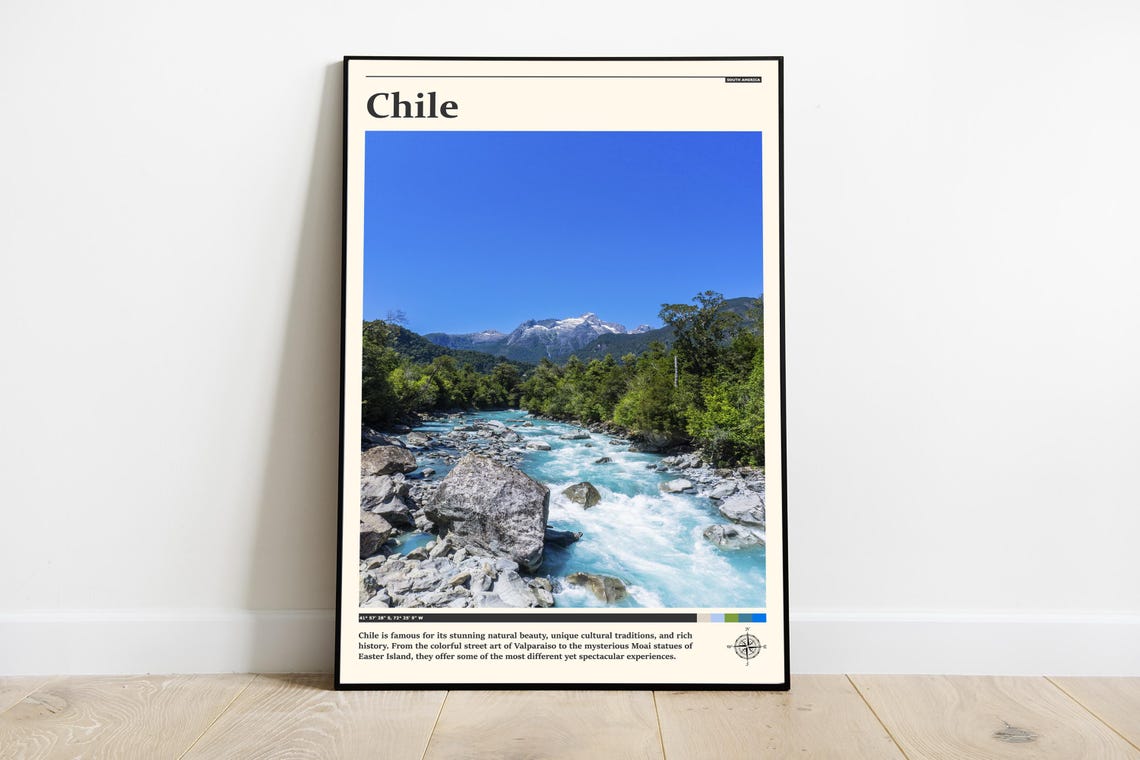Chile Turquoise Mountain River With Snowy Peak Forest Travel Poster