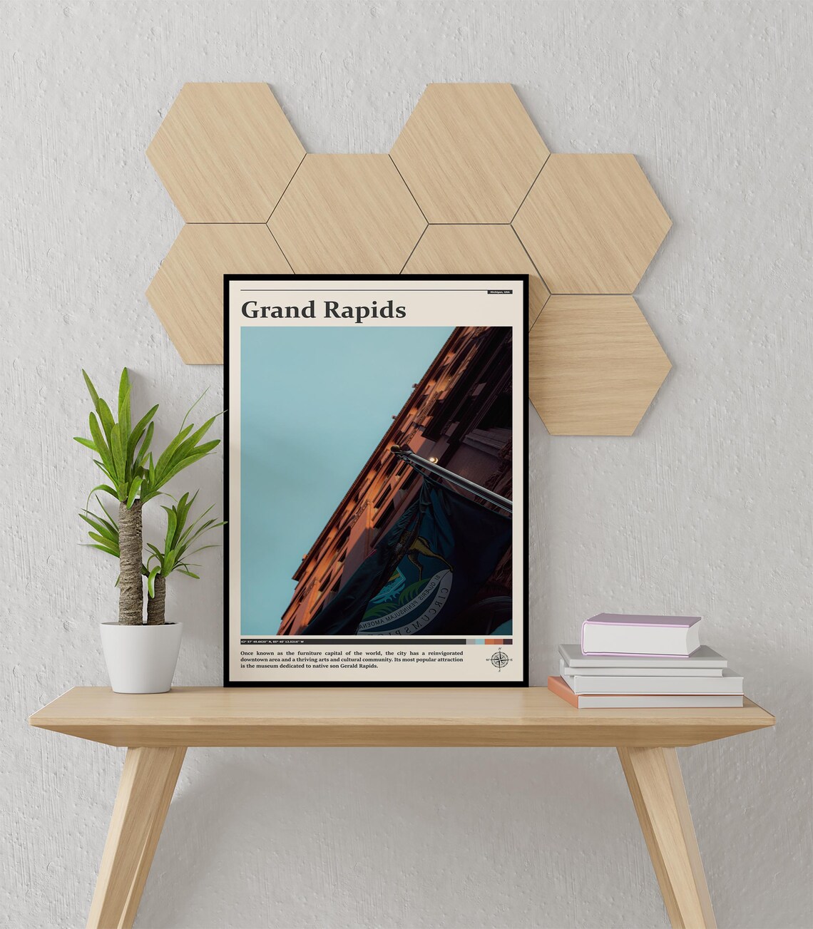 Grand Rapids Historic Brick Building Michigan Flag Urban View Poster - Image 3