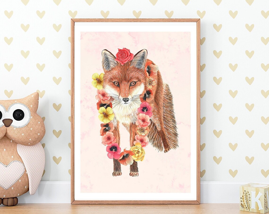 Red Fox With Floral Garland Watercolor Woodland Nursery Art Poster