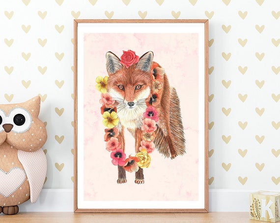 Cute Forest Animals Fox With Flowers For Playroom Decor Nursery Magical Art Baby Animal Poster Floral Room