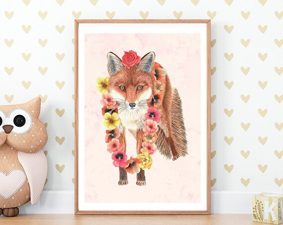 Red Fox With Floral Garland Watercolor Woodland Nursery Art Poster