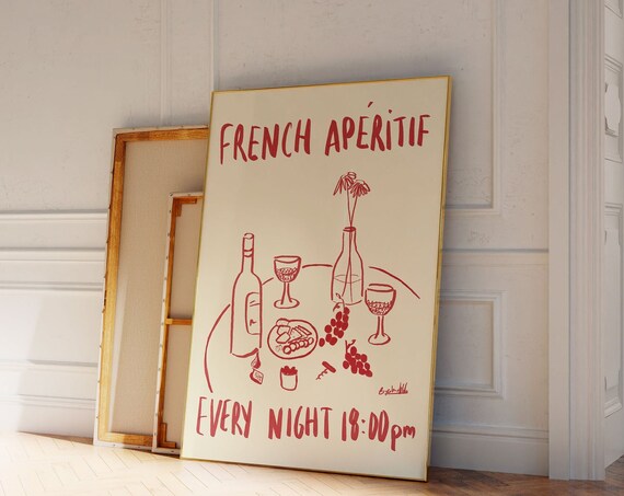 Charming French Aperitif Red Wine Illustration Kitchen Poster
