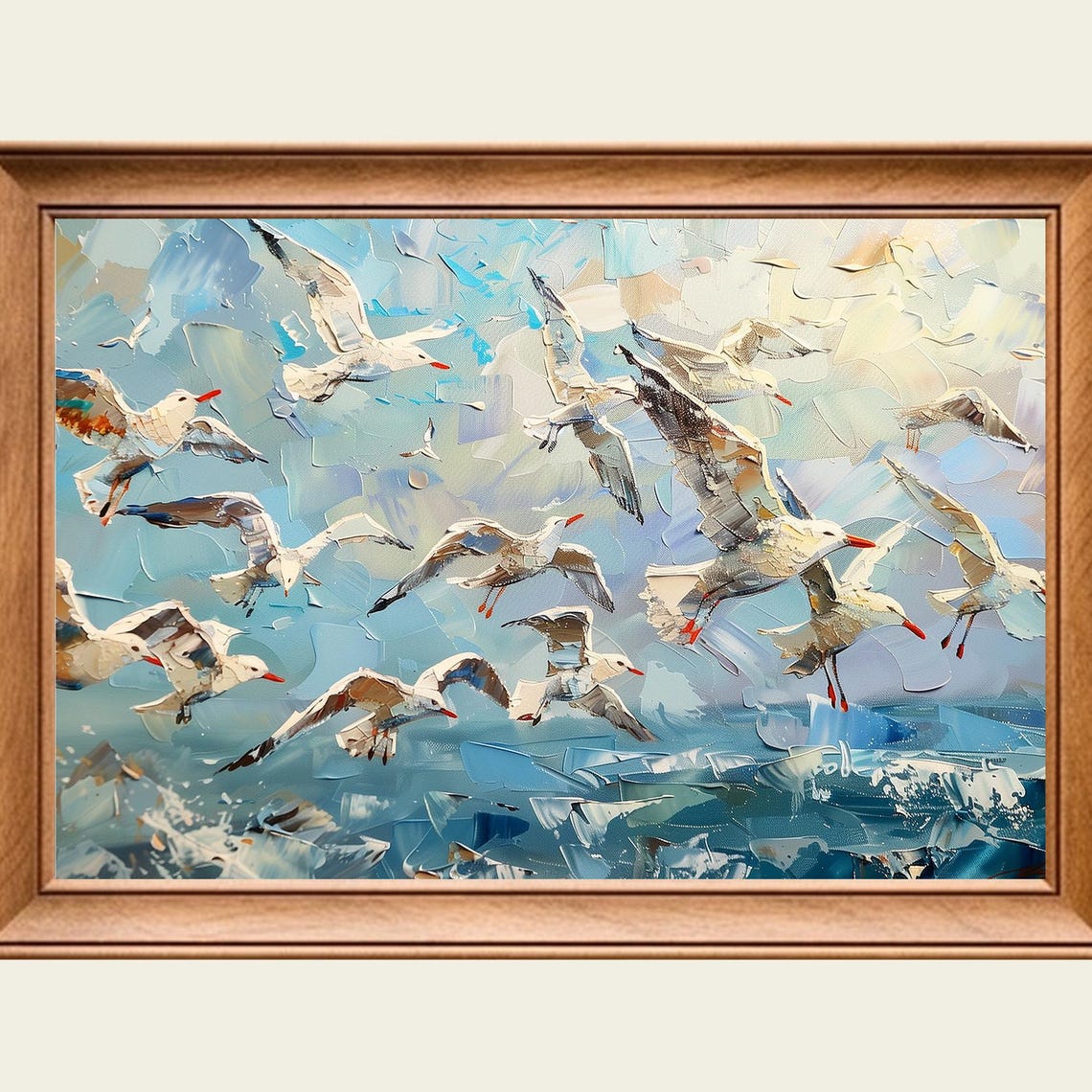 Seagull Flock Soaring Over Blue Sea Sky Dynamic Painting Poster