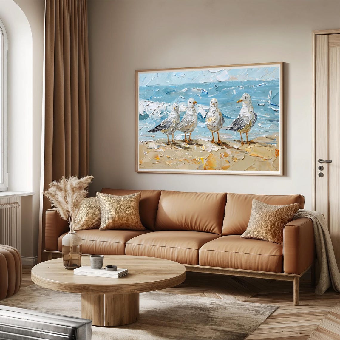 Four Seagulls on Beach Shore Cute Seabird Oil Painting Poster - Image 3