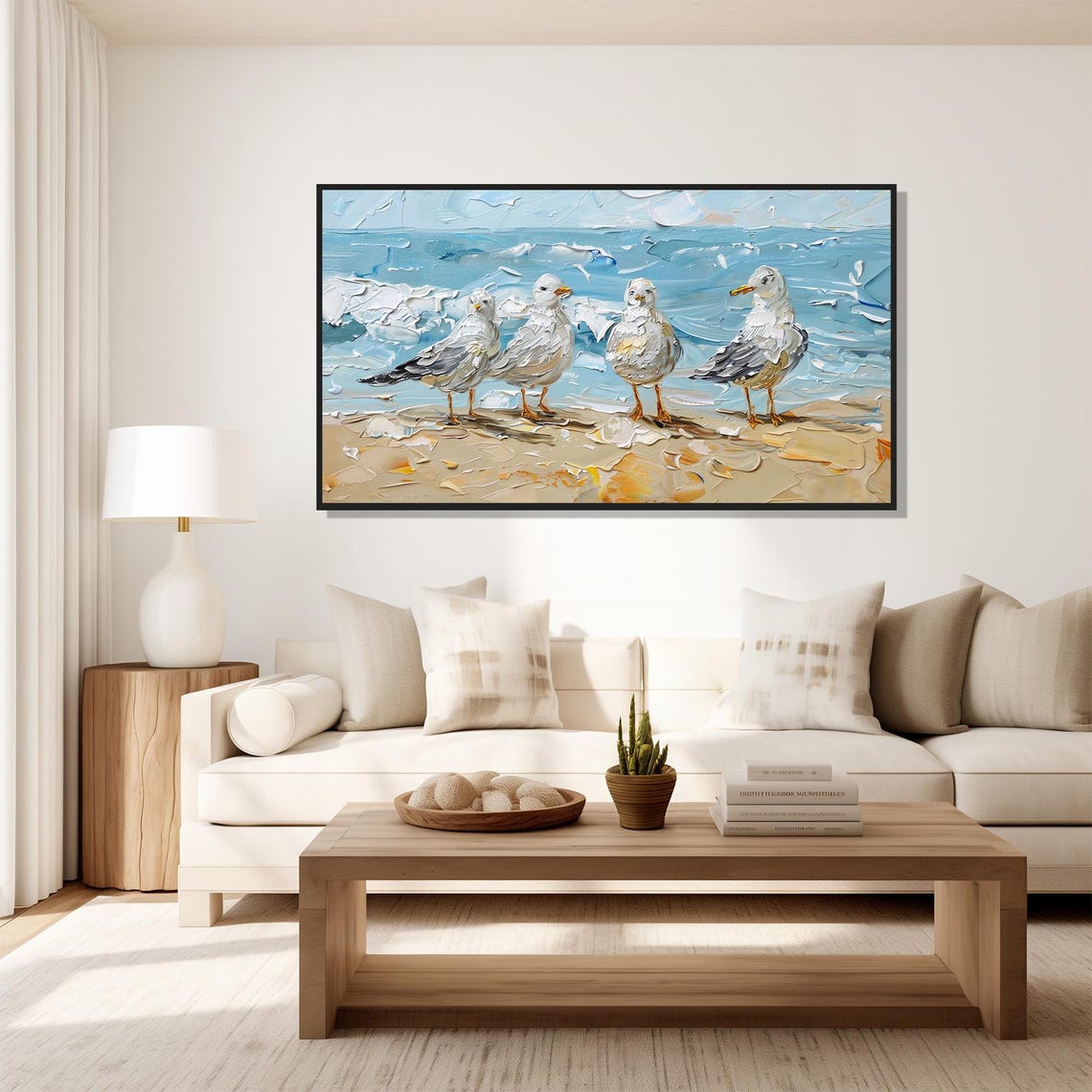 Four Seagulls on Beach Shore Cute Seabird Oil Painting Poster - Image 5