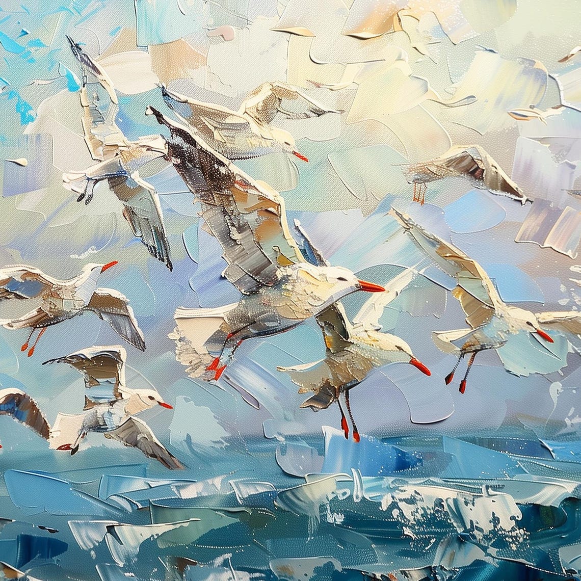 Seagull Flock Soaring Over Blue Sea Sky Dynamic Painting Poster - Image 6